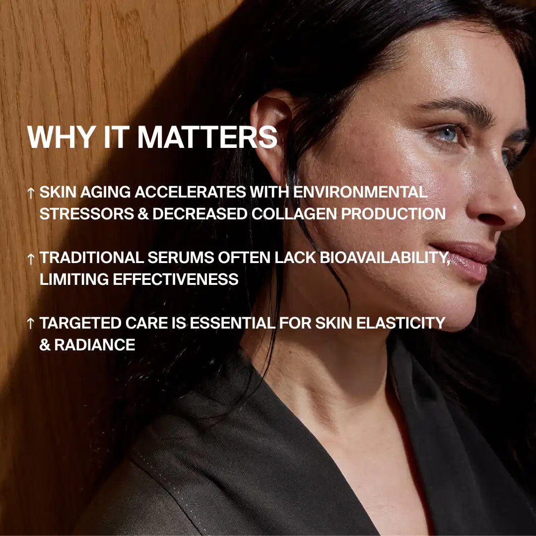 Eine dunkelhaarige Frau mit hellen Augen blickt seitwärts in sanftes Licht. Der Text erklärt, wie das DALUMA CELLULAR RESURGENCE ANTI AGING SERUM mit Hyaluronsäure und Vitamin C die Hauterneuerung unterstützt und gegen Alterung, Umweltstress und Kollagenverlust wirkt.