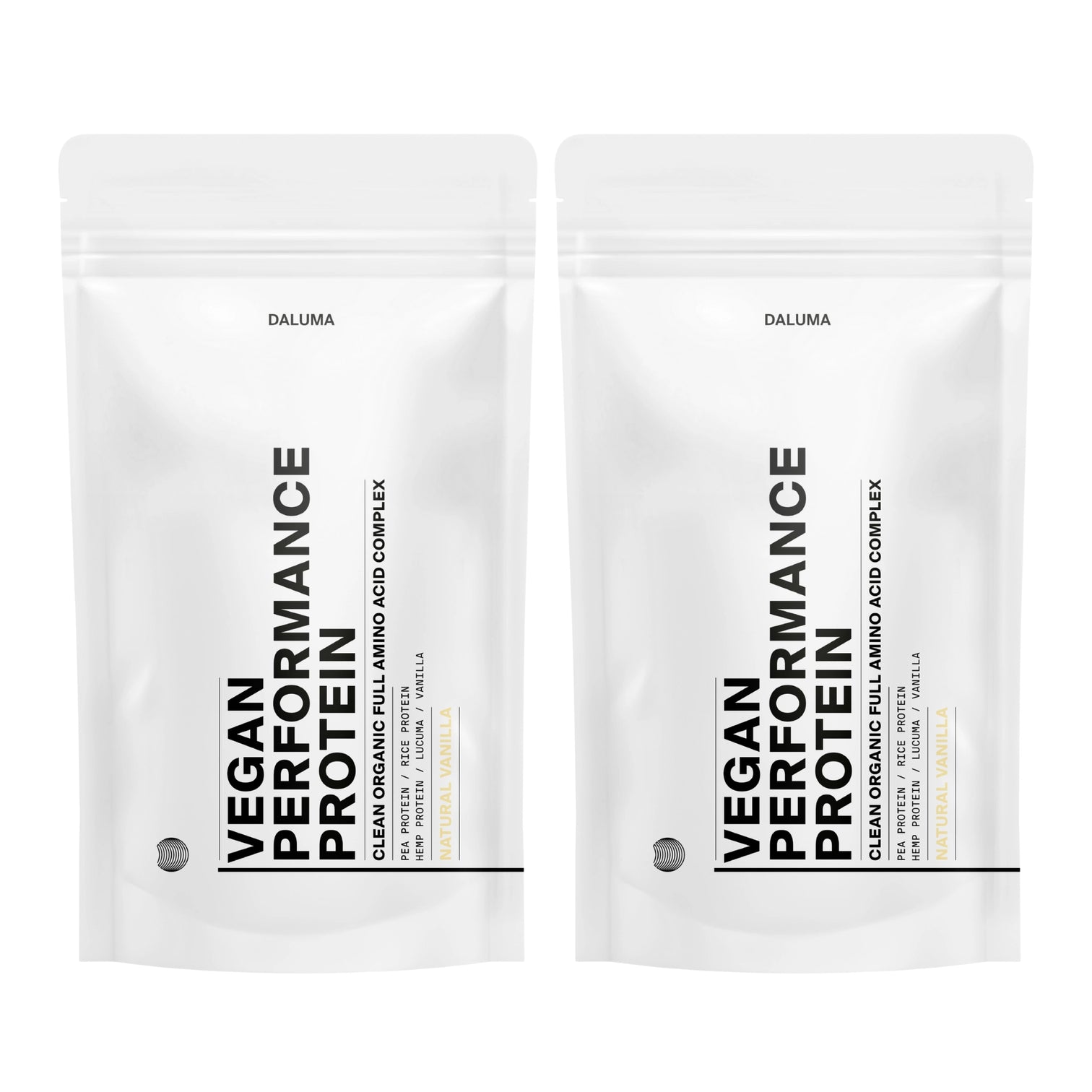 Zwei weiße, wiederverschließbare Beutel mit der Aufschrift "VEGANES PERFORMANCE PROTEIN VANILLE DOUBLE" von DALUMA, die in fetter schwarzer Schrift pflanzliches Protein mit natürlichem Vanillegeschmack und einem vollständigen Aminosäurenprofil hervorheben.