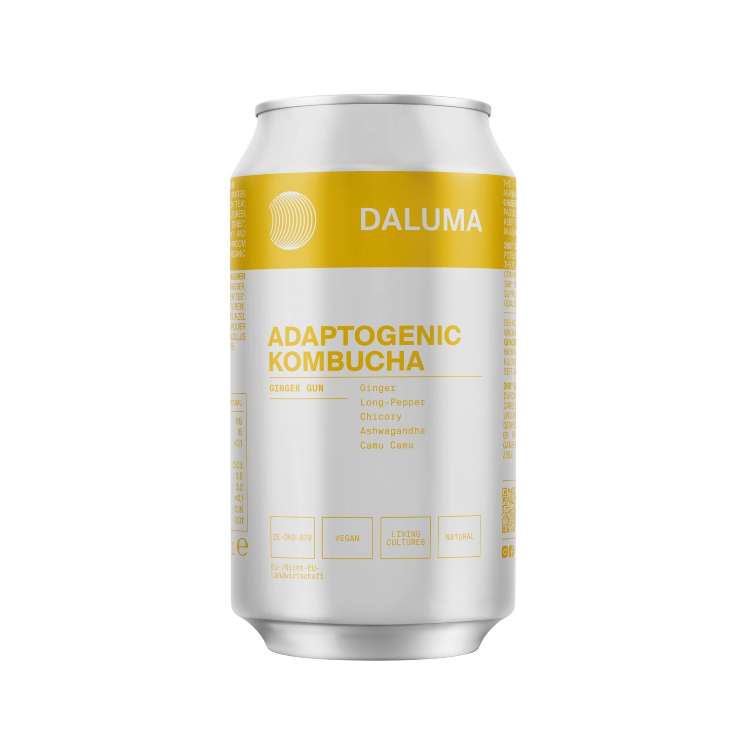 Auf einer silbernen Dose mit gelb-weißem Etikett steht DALUMA GINGER GUN INGWER KOMBUCHA. Dieses vegane, zuckerarme Getränk enthält probiotische Kulturen und lebende Kulturen, mit Ingwer, langem Pfeffer, Zichorie, Ashwagandha und Camu Camu.