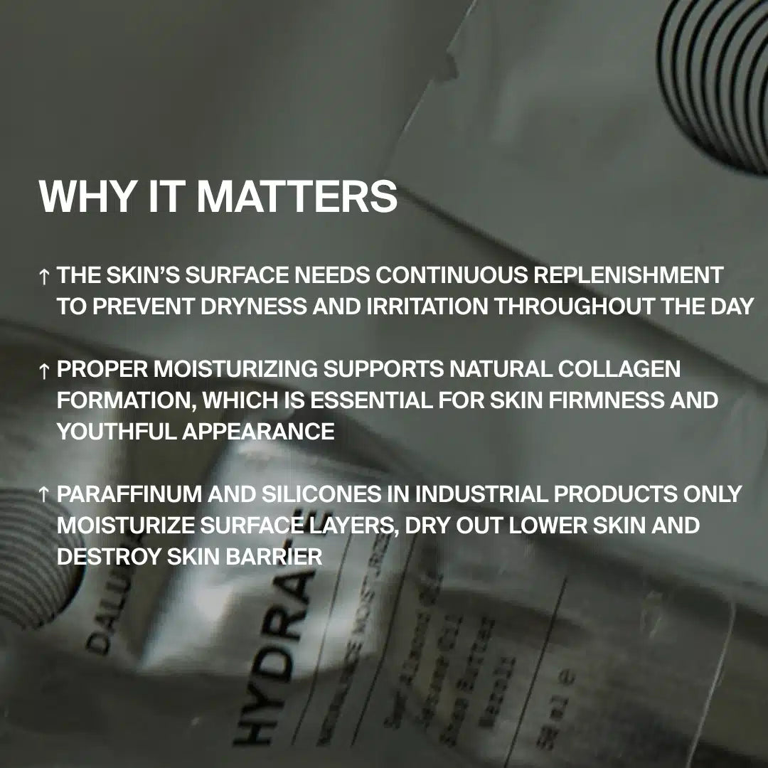 Informationsgrafik über die Bedeutung der Feuchtigkeitspflege - die Verwendung von DALUMA FACIAL MOISTURIZER GESICHTSPFLEGE mit natürlicher Feuchtigkeit, für jeden Hauttyp geeignet - zeigt Vorteile wie Vorbeugung gegen Trockenheit, Kollagenunterstützung und Warnungen vor Paraffin/Silikonen. Grauer Hintergrund.