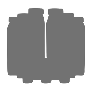 Eine graue Silhouette von sechs Flaschen, die in zwei Dreierreihen angeordnet sind, von vorne gesehen, dicht an dicht vor einem weißen Hintergrund.