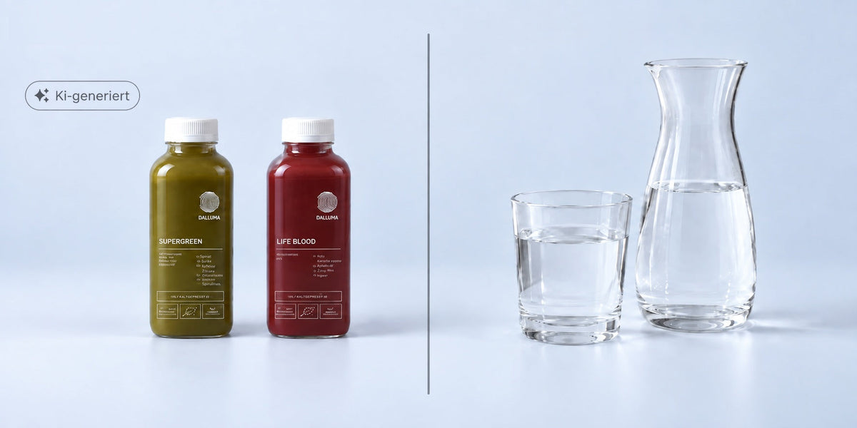 Vergleichsbild mit Trennlinie, links die kaltgepressten DALUMA Säfte Supergreen und Life Blood, rechts ein Glas und eine Karaffe mit Wasser vor hellblauem Hintergrund.