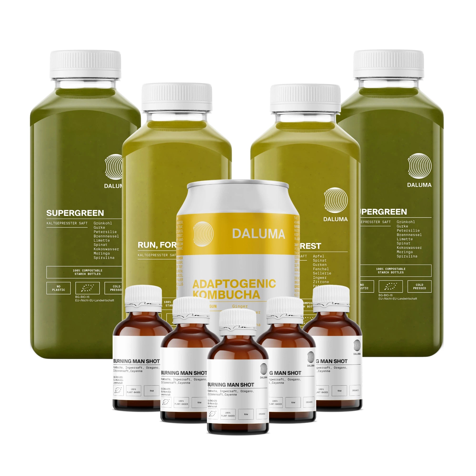 Die GRÜNE SAFTKUR - 3 TAGE von DALUMA besteht aus drei grünen Säften, einer Kombucha-Dose und sechs Burning Man Shots, die alle auf einem weißen Hintergrund abgebildet sind.