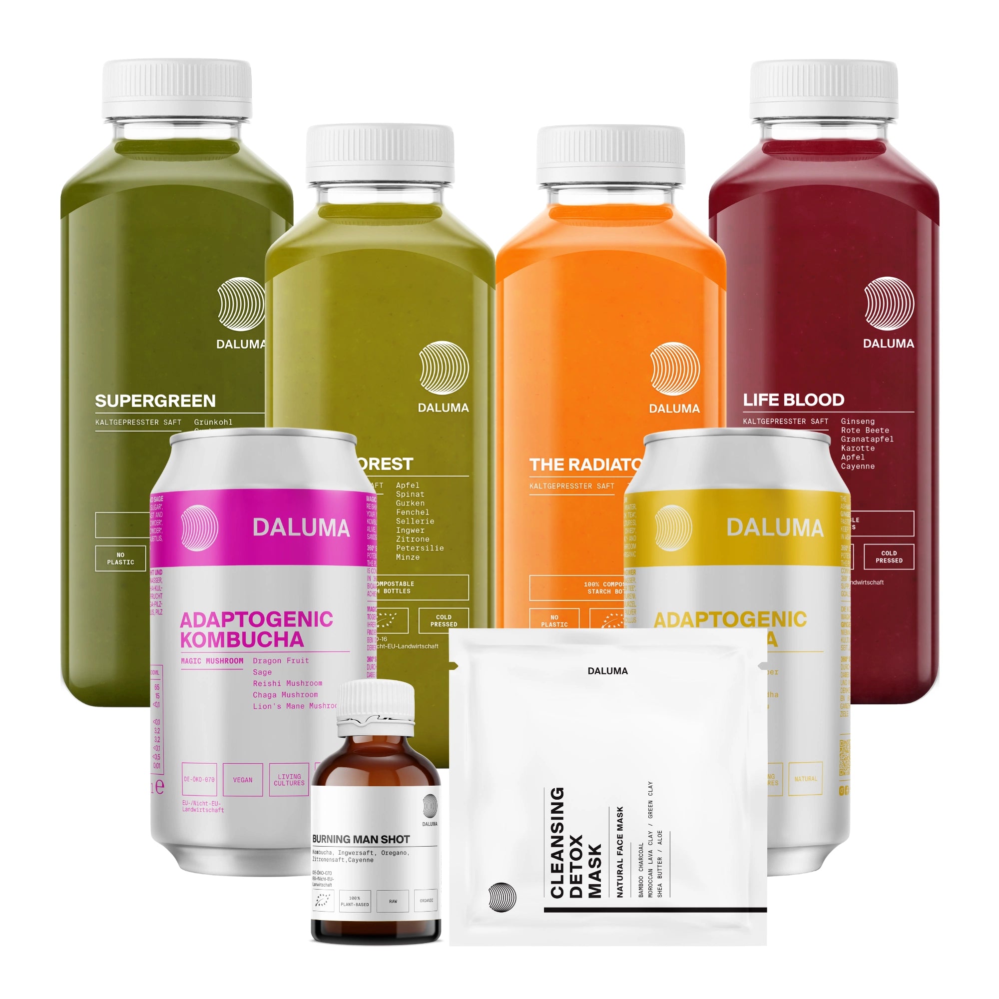 Entdecken Sie die BESSERE SAFTKUR - 7 TAGE von DALUMA: ein kuratiertes Set mit grünen, orangefarbenen und roten biologisch kaltgepressten Säften, zwei Kombucha-Dosen, einer Morning Man Shot-Flasche und einem Beutel mit einer reinigenden Detox-Maske.
