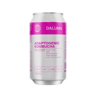 Eine silberne Dose DALUMA MAGIC MUSHROOM DRACHENFRUCHT KOMBUCHA ist mit einem magentafarbenen Etikett versehen, auf dem adaptogene Inhaltsstoffe wie Drachenfrucht und Pilze sowie vegane, probiotische Kulturen, lebende Kulturen und natürliche Qualitäten aufgeführt sind.