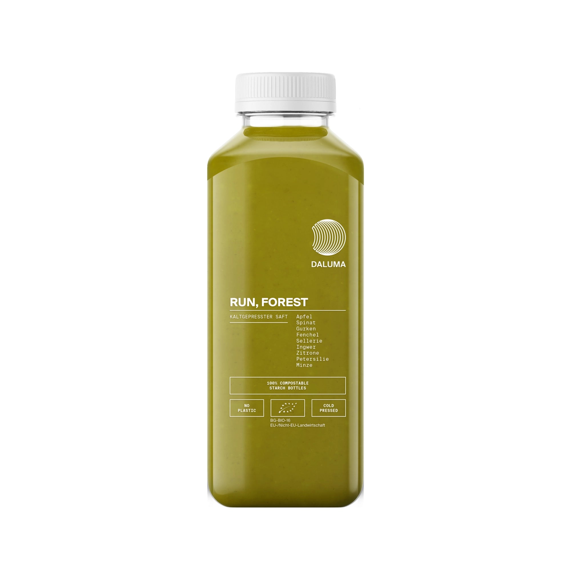 Der DALUMA RUN, FOREST GREEN JUICE 6 PACK enthält klare Flaschen mit weißem Deckel, die jeweils grünen Saft aus Apfel, Gurke, Spinat, Sellerie, Zitrone, Ingwer, Petersilie und Fenchel im Kaltpressverfahren enthalten.