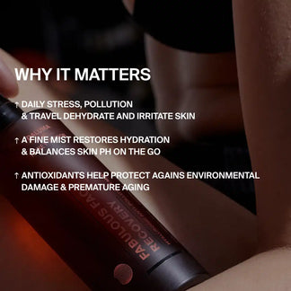 Eine Person sprüht DALUMA FACE RECOVERY MIST GESICHTSSPRAY auf ihren Arm. Der eingeblendete Text hebt die Hydratation mit Hyaluronsäure, pH-Balance und Hautschutz hervor und schützt die Haut vor Umweltschäden.