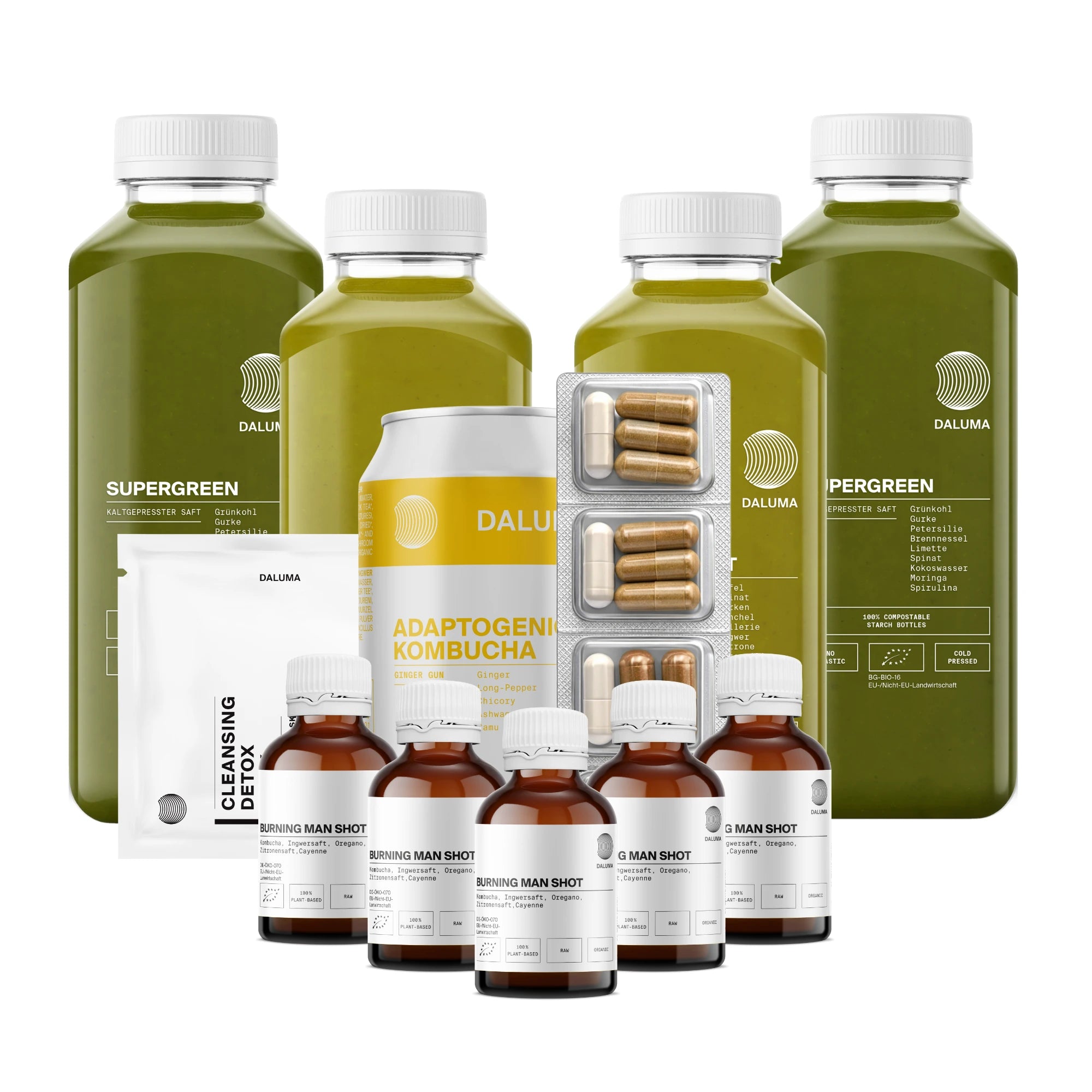 Entdecken Sie den GRÜNSAFT PLUS SAFTKUR 5 TAGE von DALUMA - eine kuratierte Auswahl an Gesundheitsprodukten: grüne Saftflaschen, adaptogene Kombucha, Kapseln, Bernsteinflaschen und Ergänzungspakete - perfekt für Ihre nächste 5-tägige Entgiftung.