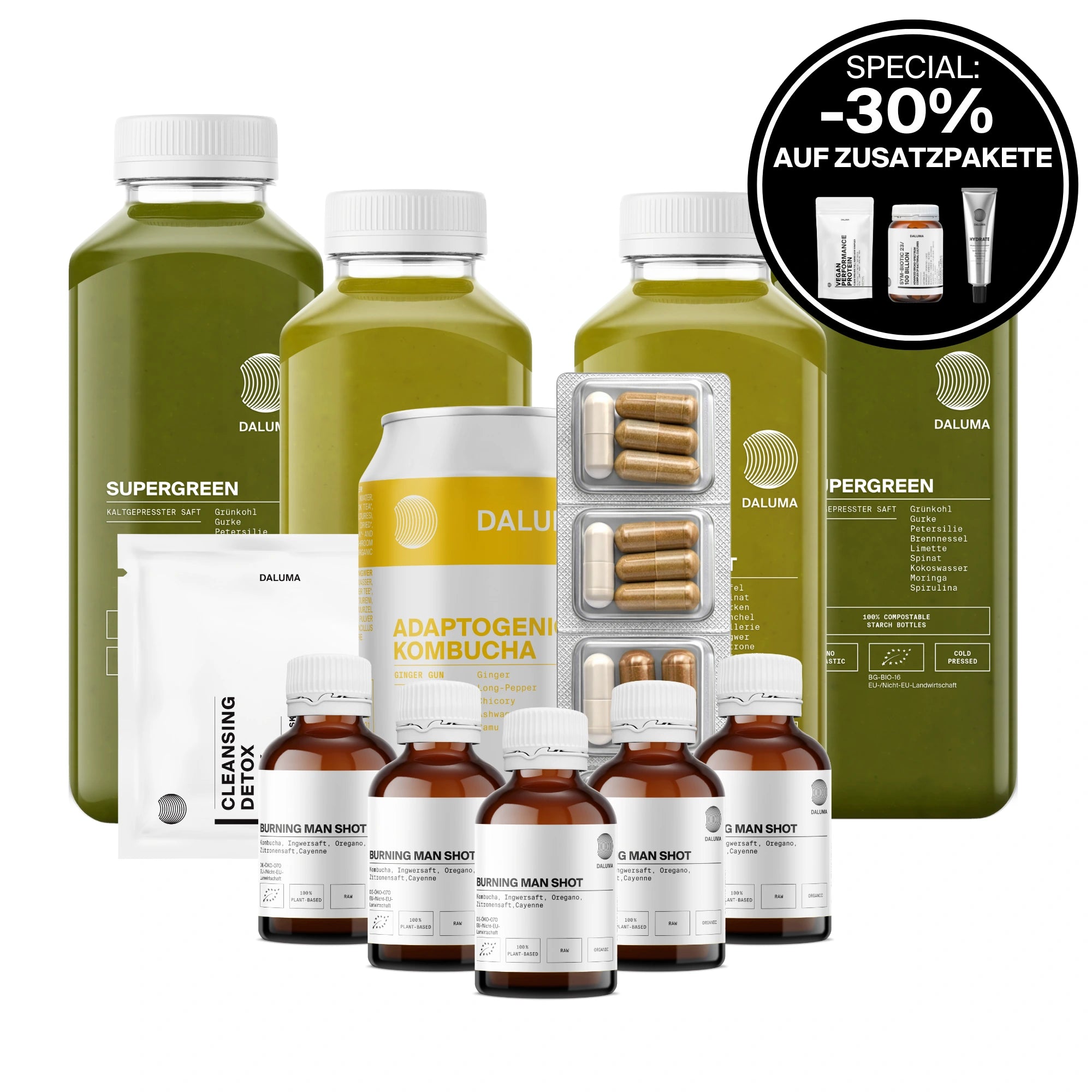 GREEN JUICE PLUS SAFTKUR 3 TAGE von DALUMA wird zusammen mit anderen Gesundheitsprodukten wie Kombucha, Kapseln und Reinigungspulver angeboten. Auf einem schwarzen runden Etikett steht 