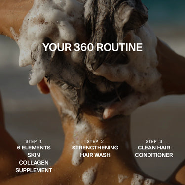 Am Strand wäscht man sein Haar mit DALUMA STRENGTHENING HAIR WASH für Feuchtigkeit und Glanz. Überlagern: IHRE 360°-ROUTINE. Unterer Text: Schritt 1: Skin Collagen Supplement, Schritt 2: Strengthening Hair Wash, Schritt 3: Clean Hair Conditioner.