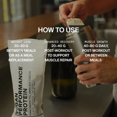 Eine Person bereitet einen Shake mit DALUMA VEGANES PERFORMANCE PROTEIN NEUTRAL DOUBLE neben dem Beutel zu. Der Text hebt hervor, wie veganes Protein die Gewichtsabnahme, die Erholung und den Muskelaufbau unterstützt.