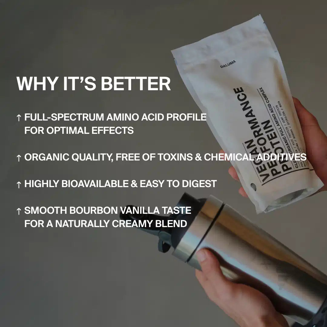 Eine Person hält einen Beutel mit DALUMA VEGANES PERFORMANCE PROTEIN NEUTRAL DOUBLE und einen Shaker. Der Text hebt die Aminosäuren des gesamten Spektrums, die Bioqualität, die hohe Bioverfügbarkeit und den neutralen Geschmack für maximale Muskelleistung hervor.