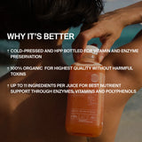 Eine Person hält eine Flasche DALUMA THE RADIATOR 6 PACK mit Textüberlagerung: kaltgepresst, 100% biologisch, bis zu 11 Zutaten pro Saft für optimale Nährstoffe, reich an Vitamin A und maximaler Vitaminspeicher.