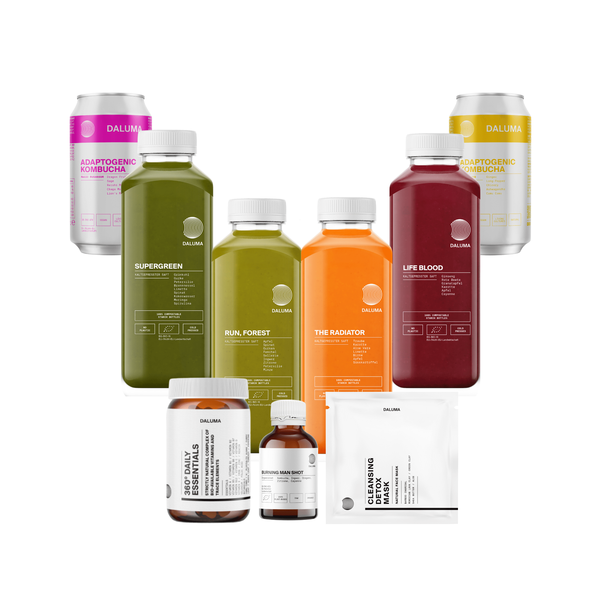 Eine Auswahl an DALUMA-Produkten, wie die BETTER ENERGY SAFTKUR 5 TAGE, Flaschensäfte, Kombucha-Dosen, Nahrungsergänzungsgläser und Detox-Pulverpakete, ist auf weißem Hintergrund angeordnet.