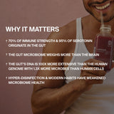 Eine lächelnde Person in einem weißen Tank-Top hält eine DALUMA BETTER GUT SAFTKUR 7 TAGE Flasche mit einem Strohhalm. Daneben steht ein Text mit Fakten zur Darmgesundheit, zu Immunität, Serotonin, Mikrobiom, Gewicht, DNA und wie moderne Gewohnheiten das Wohlbefinden beeinflussen.