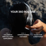 Eine Person mit nassem, dunklem Haar kämmt DALUMA CLEAN HAIR CONDITIONER durch ihr Haar, um trockenem Haar Feuchtigkeit zu spenden. Der Text über dem Bild lautet: Ihre 360-Routine - Schritte für Kollagenergänzung, stärkende Haarwäsche und Haarspülung.