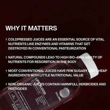 Neben einem DALUMA LIFE BLOOD POWER SAFT 6 PACK befindet sich eine Liste mit der Überschrift "Warum es wichtig ist", auf der die Vorteile von kaltgepressten Säften wie bessere Nährstoffspeicherung, höhere Bioverfügbarkeit und weniger schädliche Stoffe als bei herkömmlichen Säften hervorgehoben werden.