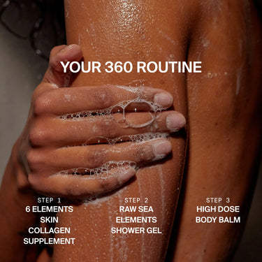 Eine Nahaufnahme einer seifigen Hand, die einen Arm wäscht, mit Schritten: Schritt 1 - Kollagen-Ergänzung, Schritt 2 - DALUMA RAW SEA ELEMENTS MEERSALZ DUSCHGEL, Schritt 3 - Körperbalsam für trockene Haut.