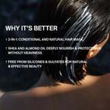 Eine Person mit nassem dunklem Haar trägt cremigen CLEAN HAIR CONDITIONER von DALUMA in Strähnen auf. Überlagerter Text hebt hervor: 2-in-1-Conditioner, Feuchtigkeit für trockenes Haar, pflegende Öle, silikon- und sulfatfrei.