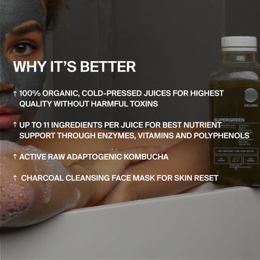 Eine Person mit einer Holzkohle-Gesichtsmaske entspannt sich in einem Bad neben dem GRÜNEN SAFT PLUS SAFTKUR 5 TAGE von DALUMA. Der eingeblendete Text hebt die Vorteile von adaptogenem Kombucha, Bio-Gemüsesäften und Holzkohlemasken für Haut und Gesundheit hervor.